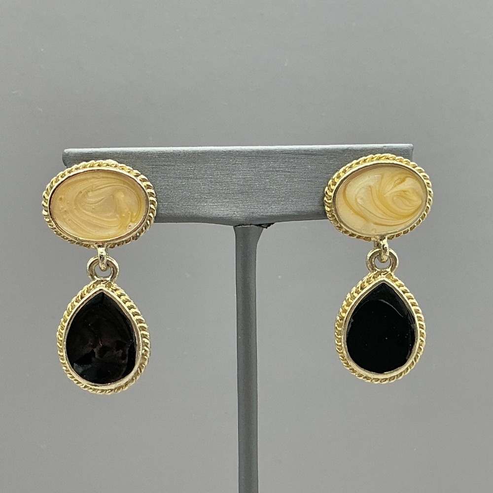 Earrings Gold Tone‎ Black Teardrop Dangle Drop Womens Cream Oval Resin Jewelry